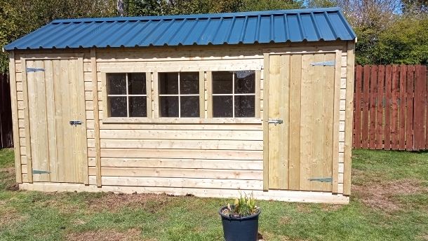 large workshop garden shed with 3 windows and 2 doors